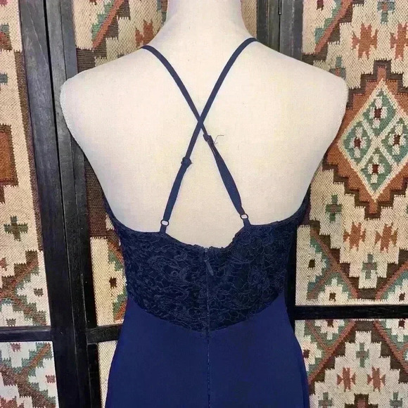 Lulus Womens Blue Madalyn V-Neck Lace & Chiffon Full Length A-Line Gown Medium - Picture 4 of 8